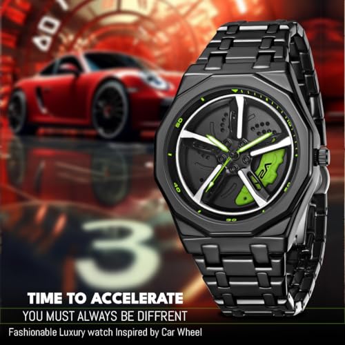 V2A Vortex Men's Spinning Car Wheels Watch for Men– Octagonal Alloy Case with Stainless Steel Band | Analog Timepiece | Bold Sports Watch for Car Enthusiasts in Black-Green - Image 3