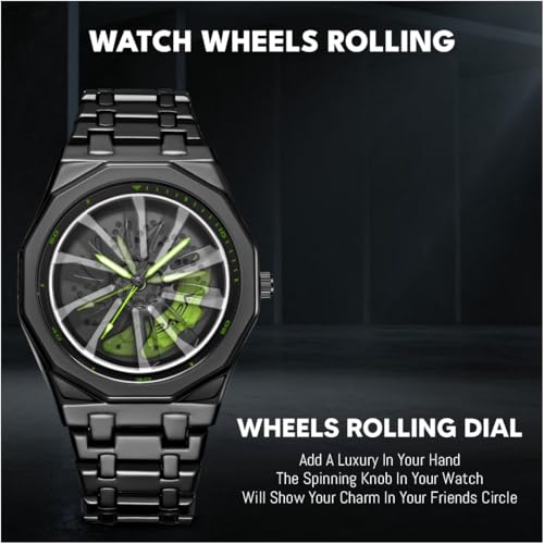 V2A Vortex Men's Spinning Car Wheels Watch for Men– Octagonal Alloy Case with Stainless Steel Band | Analog Timepiece | Bold Sports Watch for Car Enthusiasts in Black-Green - Image 5