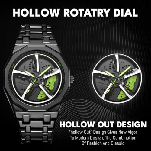 V2A Vortex Men's Spinning Car Wheels Watch for Men– Octagonal Alloy Case with Stainless Steel Band | Analog Timepiece | Bold Sports Watch for Car Enthusiasts in Black-Green - Image 4