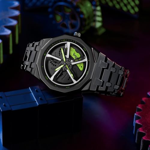 V2A Vortex Men's Spinning Car Wheels Watch for Men– Octagonal Alloy Case with Stainless Steel Band | Analog Timepiece | Bold Sports Watch for Car Enthusiasts in Black-Green - Image 2