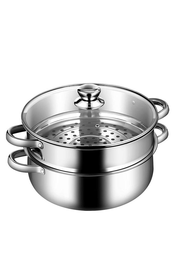 BELLSBERRY 2-Tier Stainless Steel Steamer Pot – 7.1-Inch Multi-Layer Food Steamer with Glass Lid & Handles for Vegetables, Seafood and More  - Image 1