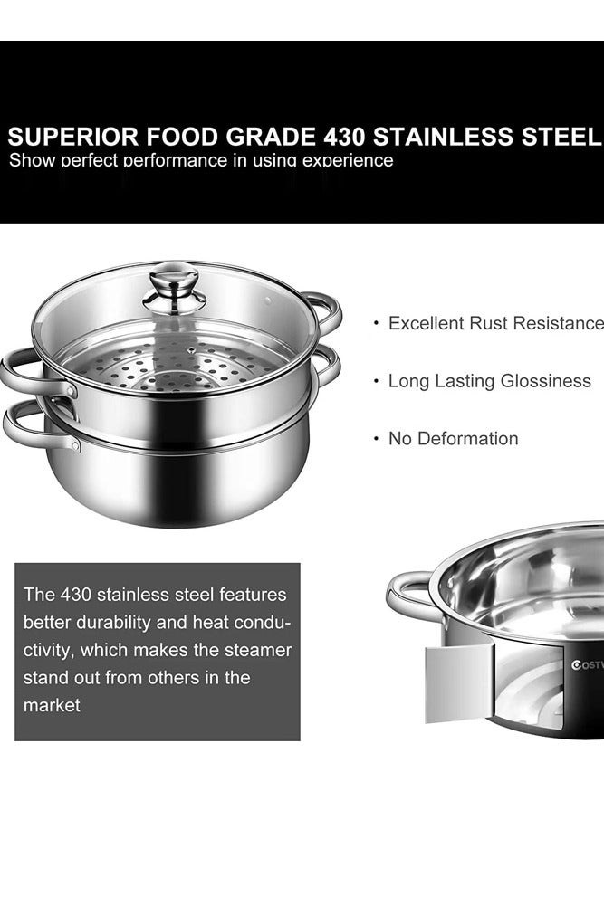 BELLSBERRY 2-Tier Stainless Steel Steamer Pot – 7.1-Inch Multi-Layer Food Steamer with Glass Lid & Handles for Vegetables, Seafood and More  - Image 4