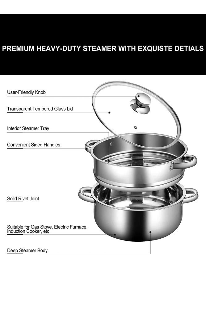 BELLSBERRY 2-Tier Stainless Steel Steamer Pot – 7.1-Inch Multi-Layer Food Steamer with Glass Lid & Handles for Vegetables, Seafood and More  - Image 3