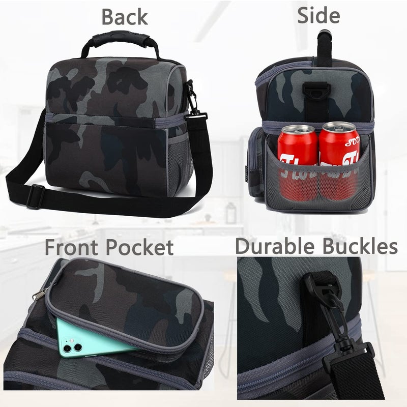FlowFly Double Layer Cooler Insulated Lunch Bag Adult Lunch Box Large Tote Bag for Men, Women, With Adjustable Strap,Front Pocket and Dual Large Mesh Side Pockets,Black Camo - Image 5