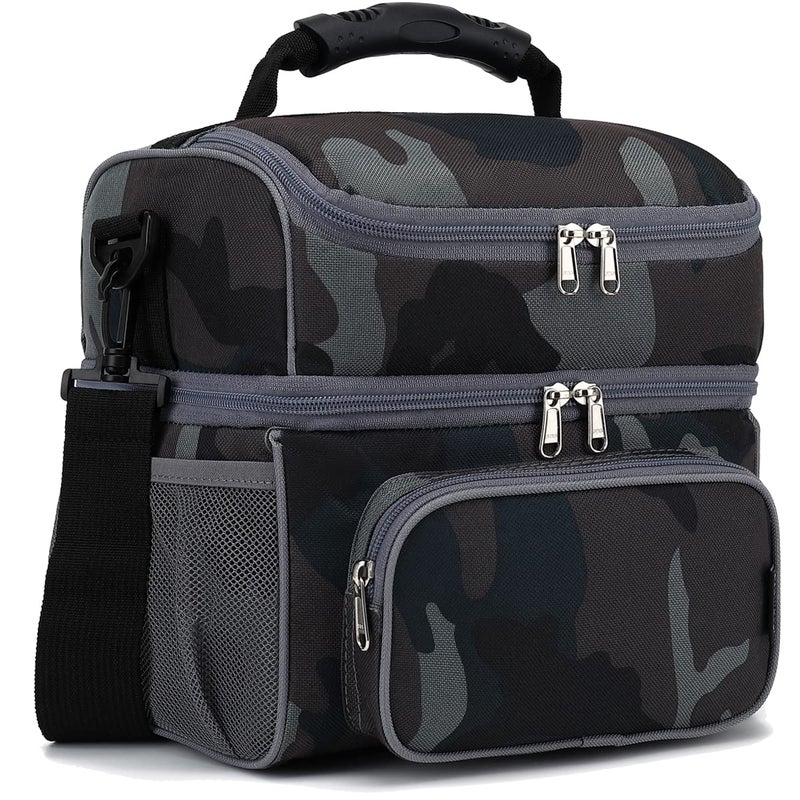 FlowFly Double Layer Cooler Insulated Lunch Bag Adult Lunch Box Large Tote Bag for Men, Women, With Adjustable Strap,Front Pocket and Dual Large Mesh Side Pockets,Black Camo - Image 1