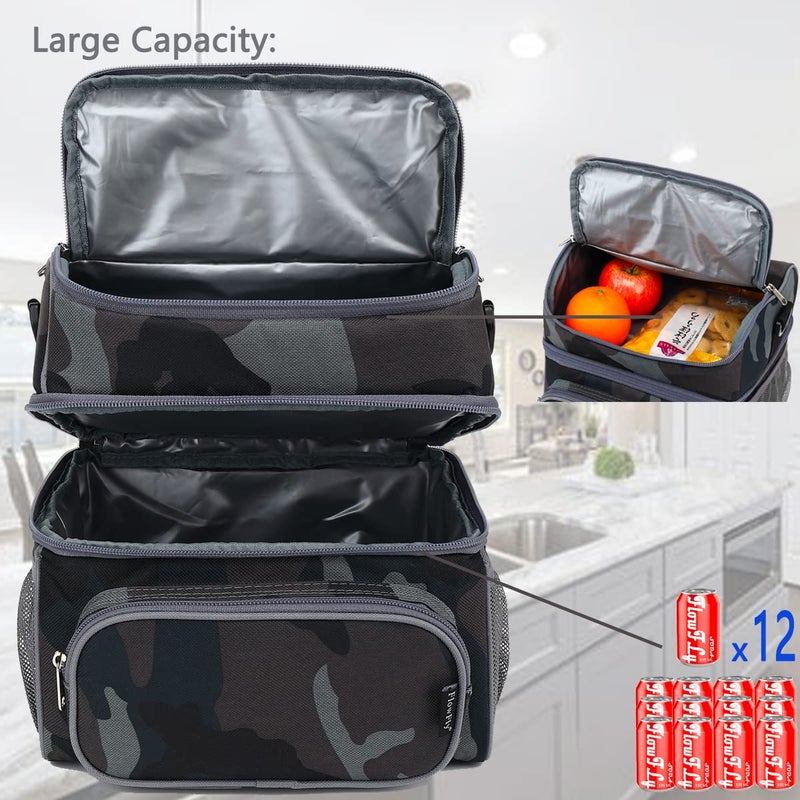FlowFly Double Layer Cooler Insulated Lunch Bag Adult Lunch Box Large Tote Bag for Men, Women, With Adjustable Strap,Front Pocket and Dual Large Mesh Side Pockets,Black Camo - Image 4