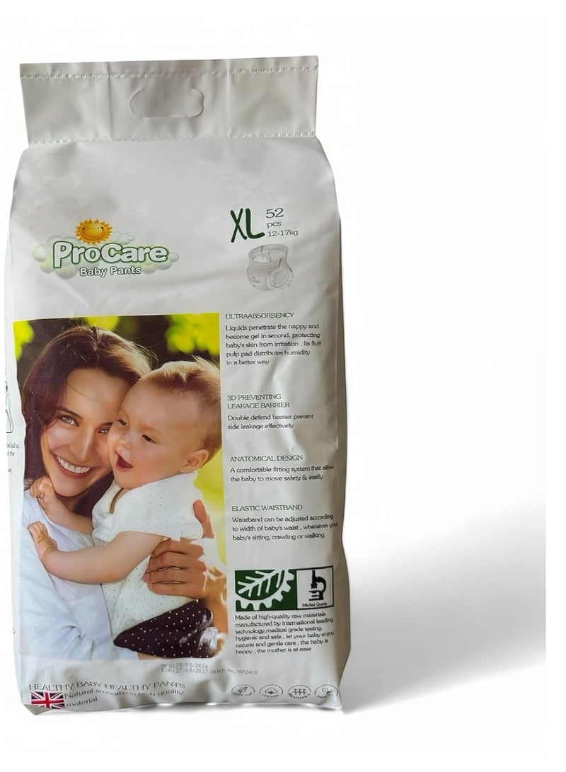 ProCare Super Absorbent Baby Diapers | Soft, Hypoallergenic, Leak-Proof Design for All-Day Comfort | Gentle on Skin - Ideal for Sensitive Skin Babies – XL Size Pack of 52 | 12-17 kg