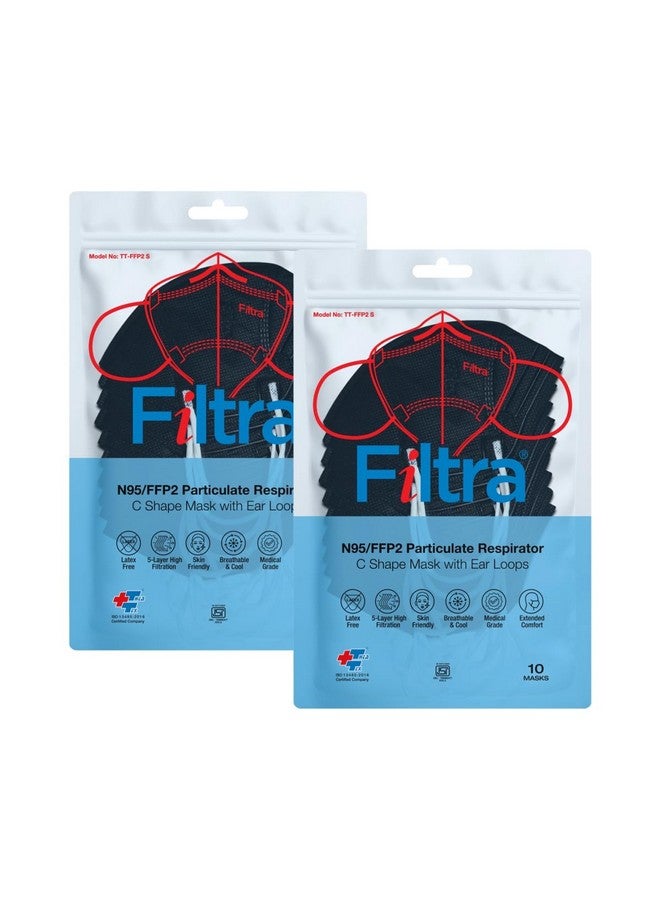 Filtra Filtra® N95 Mask with Ear Loops | Black | FFP2 Mask with Ear Loops | BIS Certified | 5 Layer & Thick Ear Loops | High Filtration | Enhanced Courier Packing | 2 x Zip Lock Travel Pouches of 10 Masks - Image 1