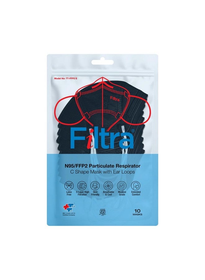 Filtra Filtra® N95 Mask with Ear Loops | Black | FFP2 Mask with Ear Loops | BIS Certified | 5 Layer & Thick Ear Loops | High Filtration | Enhanced Courier Packing | 2 x Zip Lock Travel Pouches of 10 Masks - Image 2