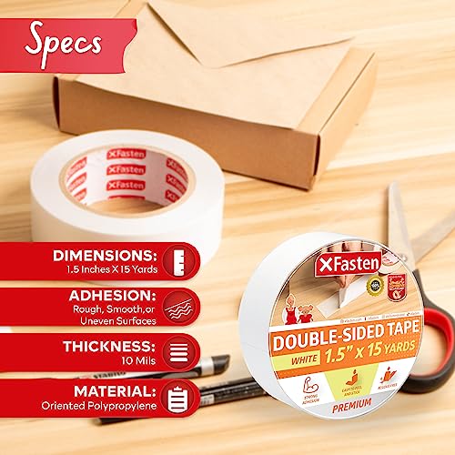 XFasten Double Sided Tape, Removable, 1.5-Inch by 15-Yards, Single Roll, Double Sided Adhesive Tape for Arts and Crafts, Woodworking, and Holding Down Carpets - Residue-Free - Image 3