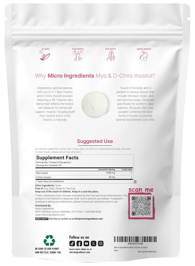 Micro Ingredients Myo-Inositol & D-Chiro Inositol Powder 1lb | Inositol Supplement for Women | 40:1 Ideal Ratio | Hormonal Balance & Ovarian Support | Non-GMO | Vegan | Filler-Free | 221 Servings - Image 2