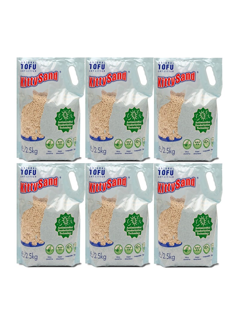 Natural Tofu, Premium Quality, Plant-based, Flushable Clumping Cat Litter Pellets 6L/2.5kg - Pack of 6