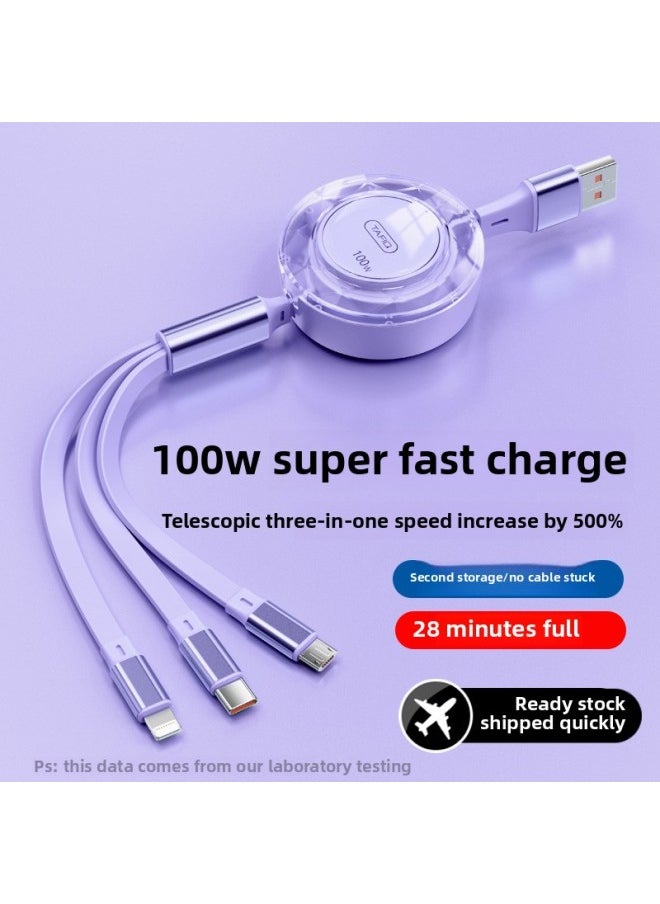 Generic - [100W Super Fast Charge] Three-in-One Data Cable Telescopic One-to-Three Charger Cable Applicable To For Apple For Huawei Security-Color:Sakura Pink [100w Super Fast Charge] 99% Full In 28 Minutes◆Upgraded Glue Version◆1 Pack - Image 1