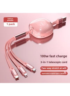 [100W Super Fast Charge] Three-in-One Data Cable Telescopic One-to-Three Charger Cable Applicable To For Apple For Huawei Security-Color:Sakura Pink [100w Super Fast Charge] 99% Full In 28 Minutes◆Upgraded Glue Version◆1 Pack