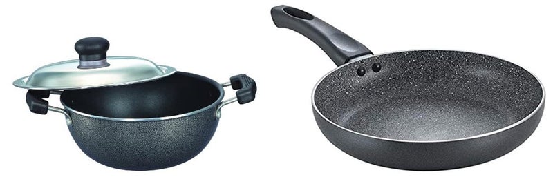 Prestige Omega Deluxe Aluminium Granite Fry Pan, 200mm (Omelette Pan), Black + Omega Select Plus Non-Stick Flat Base Kadai with Lid, 20cm, 2.2 Litters, Black - Image 1