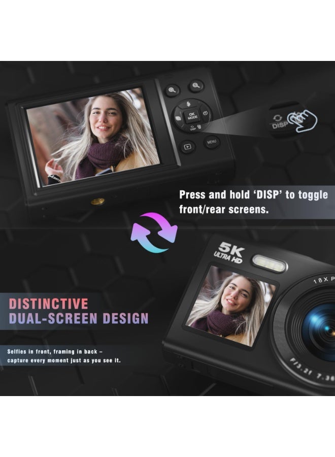 ASIV 5K dual-screen digital camera, 18x digital zoom, suitable for teenage Vlog shooting, 80MP portable beginner camera, with 32GB memory card included - Image 3