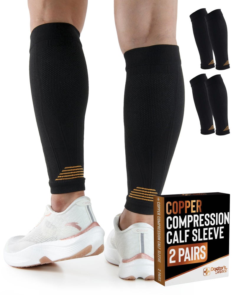 Doctor's Select 2 Pairs Copper Calf Compression Sleeve - Compression Calf Sleeves Men, Compression Sleeves for Men Leg, Shin Splint Compression Sleeve, Black with Copper - Image 1