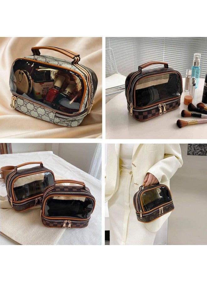 KARTUNBOX Makeup Bag Double Layer Waterproof Travel Cosmetic Case Make up Organizer, Clear PVC and Straw Pouch - Image 4