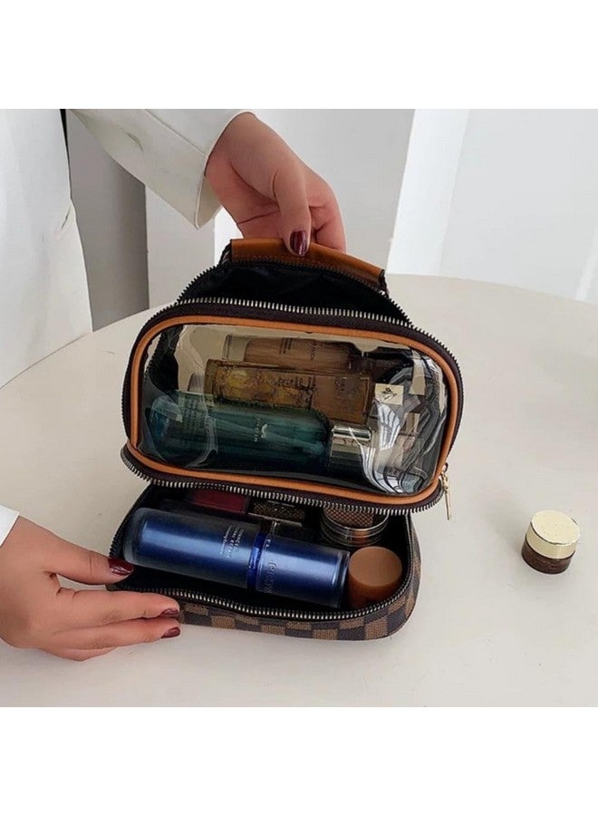 KARTUNBOX Makeup Bag Double Layer Waterproof Travel Cosmetic Case Make up Organizer, Clear PVC and Straw Pouch - Image 5