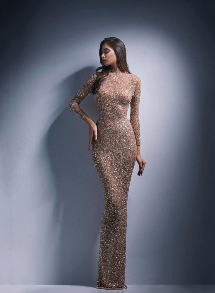 general 2024 Spring New European and American Women's Party Evening Dress Femininity Long Celebrity Mesh Sequin Dress - Image 2