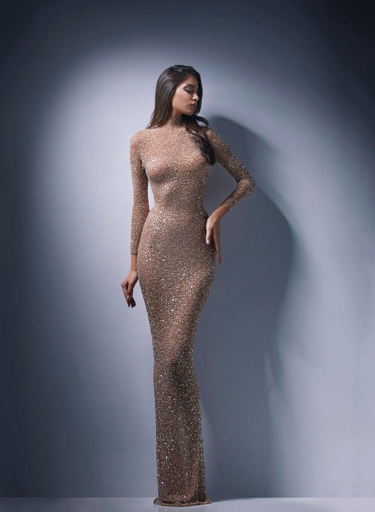 general 2024 Spring New European and American Women's Party Evening Dress Femininity Long Celebrity Mesh Sequin Dress - Image 3