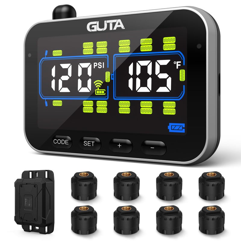 GUTA Trailer Tire Pressure Monitoring System RV Tire Pressure Monitor with 8 Sensors 6 Alert Modes Signal Booster Large Color Display Long Sensing Distance 0188PSI TPMS for RV Trailer Semi
