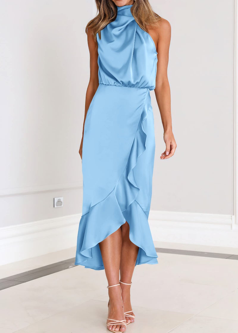 KIRUNDO Women 2026 Spring Summer Satin Mock Neck Wedding Guest Party Cocktail Midi Dress Sleeveless Wrap Ruffle Formal Dress(Light Blue, Large) - Image 3