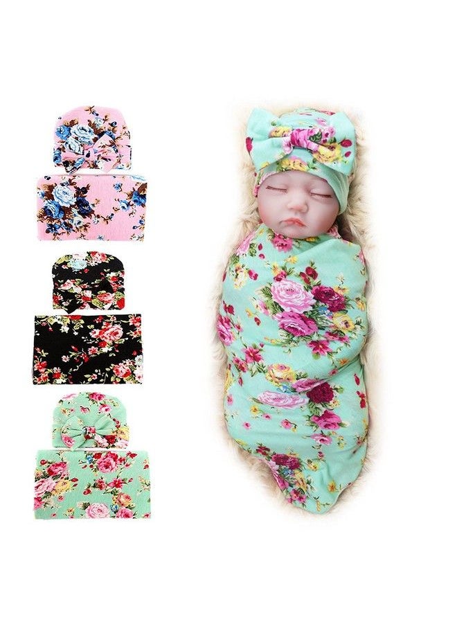 DRESHOW Bqubo Newborn Floral Receiving Blankets Newborn Baby Swaddling Hats Sleepsack Toddler Warm 3 Pack  - Image 2