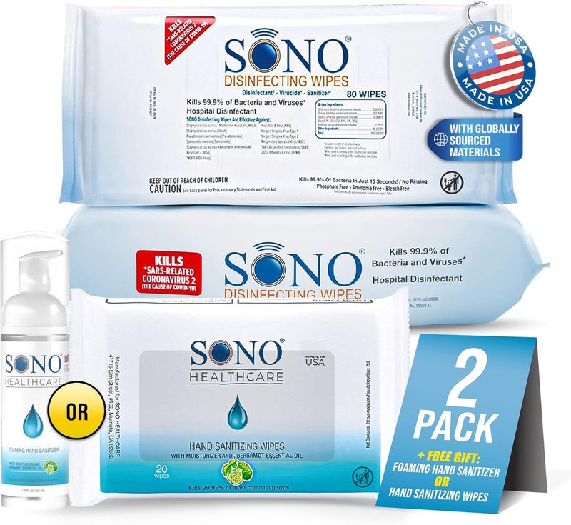 SONO Disinfecting Wipes - 160 Count (Pack of 2) + Sanitizer, Medical-Grade, Alcohol-Free, No Bleach, Gentle & Effective Multi-Surface Cleaning Solution, Larger Sheets - Image 1