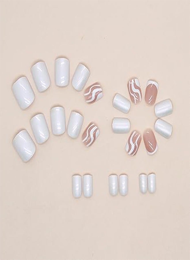 Generic 24-Pack French Press Nails Creamy White Fake Nails Wave Design Short Fake Nails Reusable Artificial Fake Nails Suitable for Women and Girls Decoration  - Image 2