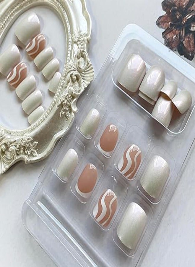 Generic 24-Pack French Press Nails Creamy White Fake Nails Wave Design Short Fake Nails Reusable Artificial Fake Nails Suitable for Women and Girls Decoration  - Image 3