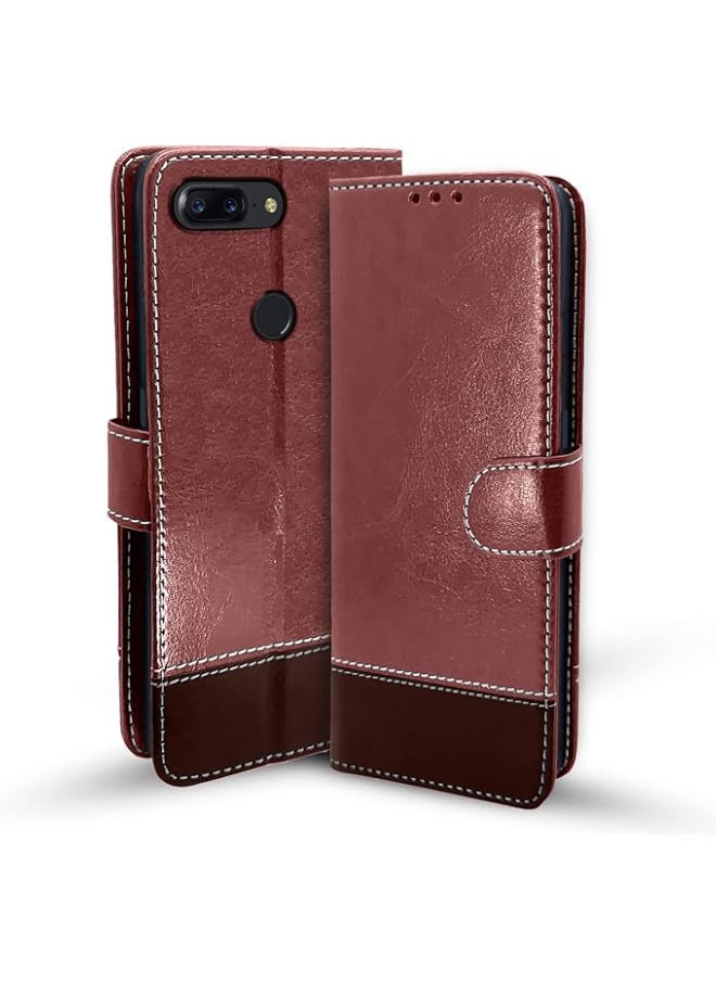 Generic - Oneplus 5T Flip Cover | Dual-Tone PU Leather Finish | Wallet Style & Stand | Magnetic Flip Case for Oneplus 5T (Brown & Coffee) - Image 1