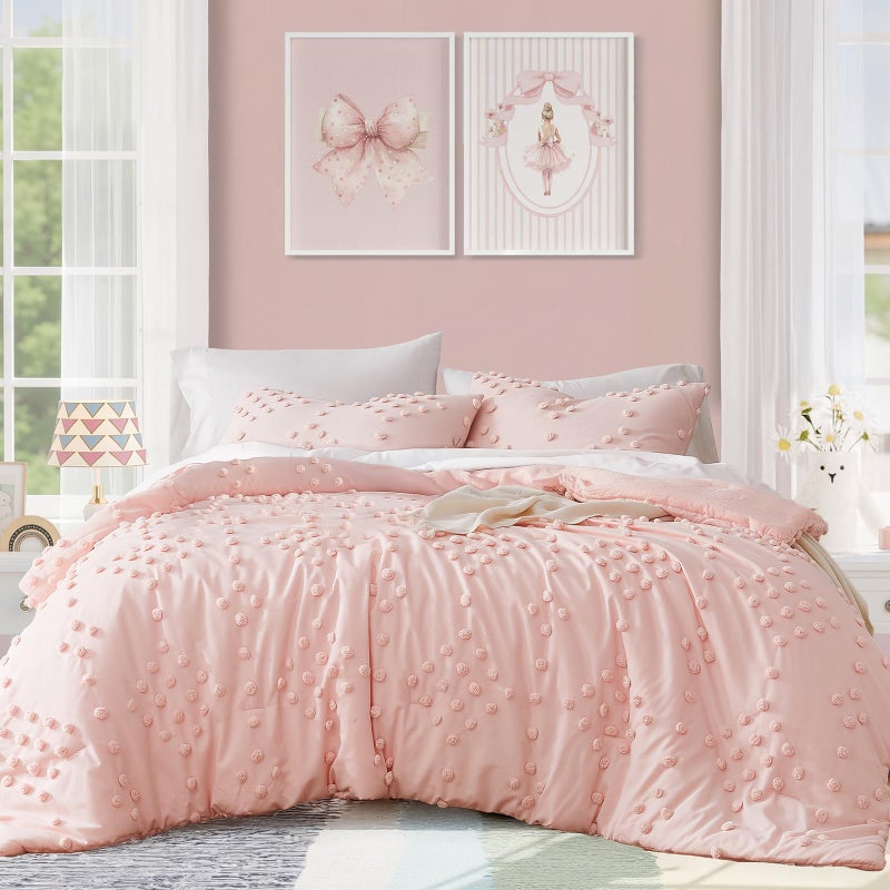 Geniospin Pink Twin Comforter Set for Girls- 5 Pieces Pom Tufted Bed in A Bag Twin Bedding Sets with Sheets, Pillowcases & Shams, All Season Kids Comforter Set - Image 1