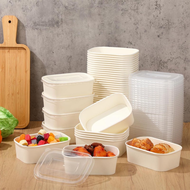 Maxdot 50 Pack Disposable Kraft Paper Bowls with PP Lids Rectangle Paper Food Containers for Lunch Meal Prep,Salad,Ice Cream,Yogurt,Soup Bowls Party Supplies (White,25 oz) - Image 2
