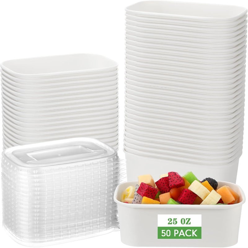 Maxdot 50 Pack Disposable Kraft Paper Bowls with PP Lids Rectangle Paper Food Containers for Lunch Meal Prep,Salad,Ice Cream,Yogurt,Soup Bowls Party Supplies (White,25 oz) - Image 1