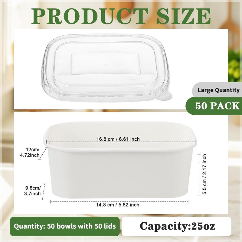 Maxdot 50 Pack Disposable Kraft Paper Bowls with PP Lids Rectangle Paper Food Containers for Lunch Meal Prep,Salad,Ice Cream,Yogurt,Soup Bowls Party Supplies (White,25 oz) - Image 4