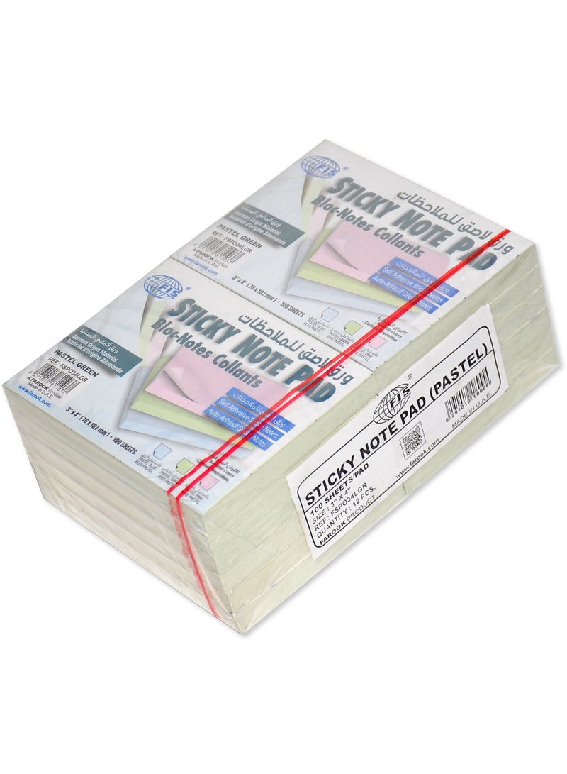 FISSticky Note Pad, 3X4 inches, Pack of 12, Pastel Green 100 Sheets -FSPO34LGR - Image 1