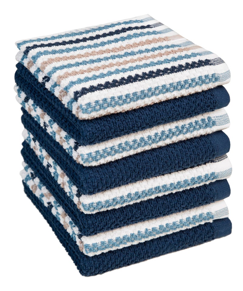 Bumble Towels Bumble Premium Dish Cloths Towel 12"x12" | 100% Natural Ring Spun Cotton Tea Towel Set | 430 GSM | Highly Absorbent & Soft Dish Towels | 8 Pack - 4 Popcorn Wide Striped & 4 Solid Kitchen Towels - Blue - Image 1