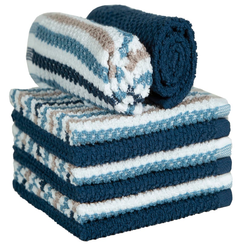 Bumble Towels Bumble Premium Dish Cloths Towel 12"x12" | 100% Natural Ring Spun Cotton Tea Towel Set | 430 GSM | Highly Absorbent & Soft Dish Towels | 8 Pack - 4 Popcorn Wide Striped & 4 Solid Kitchen Towels - Blue - Image 4