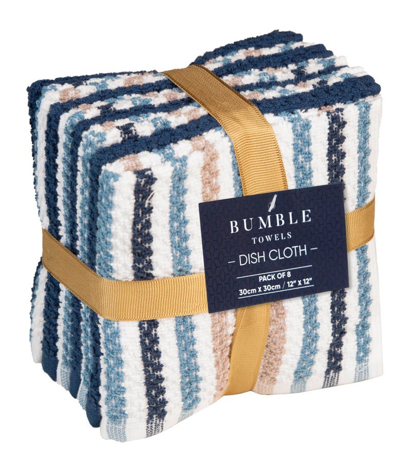 Bumble Towels Bumble Premium Dish Cloths Towel 12"x12" | 100% Natural Ring Spun Cotton Tea Towel Set | 430 GSM | Highly Absorbent & Soft Dish Towels | 8 Pack - 4 Popcorn Wide Striped & 4 Solid Kitchen Towels - Blue - Image 3