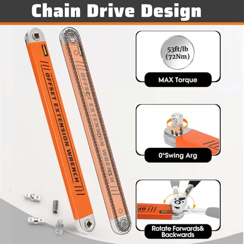 XKONE Offset Extension Wrench – Zero-degree Swing for Tight Spaces,3/8" Drive Socket Extender Tool with 1/4",3/8",1/2" Square Adapters and 1/4" Socket. - Image 5