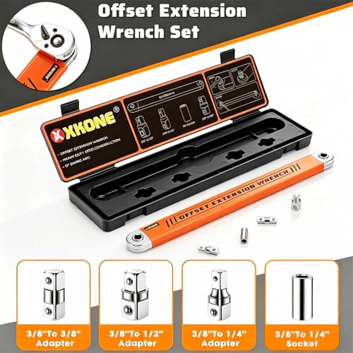 XKONE Offset Extension Wrench – Zero-degree Swing for Tight Spaces,3/8" Drive Socket Extender Tool with 1/4",3/8",1/2" Square Adapters and 1/4" Socket. - Image 3