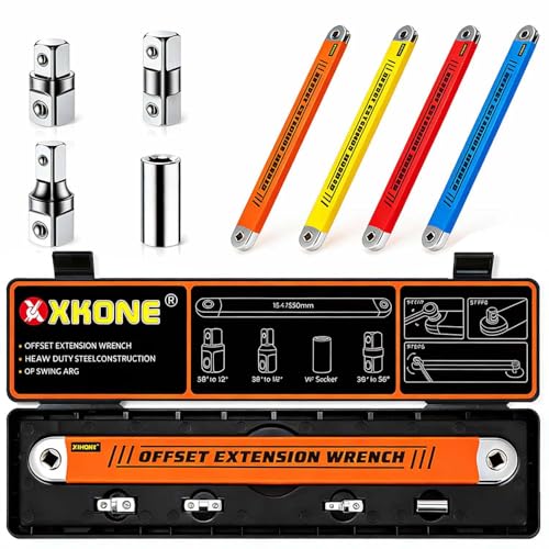 XKONE Offset Extension Wrench – Zero-degree Swing for Tight Spaces,3/8" Drive Socket Extender Tool with 1/4",3/8",1/2" Square Adapters and 1/4" Socket. - Image 1