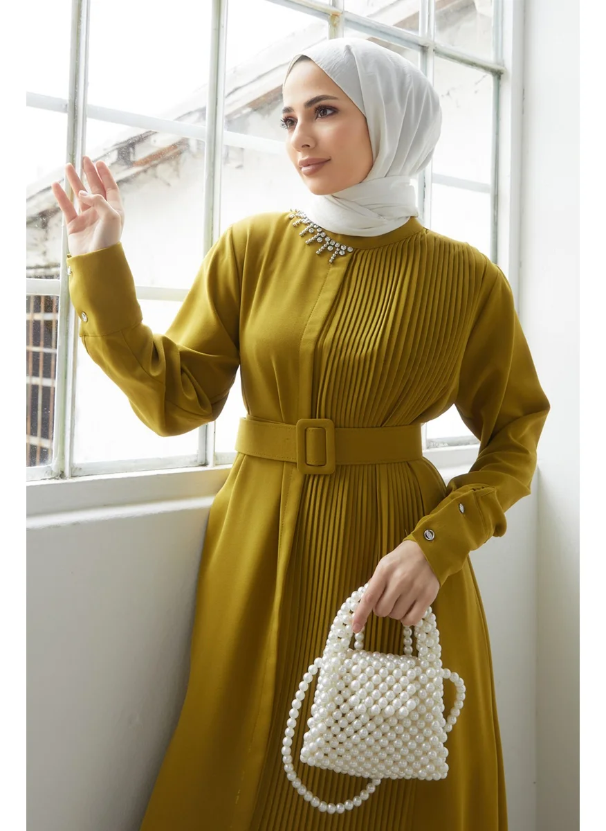 Vavinor Pleated Belted Dress - Oil Green