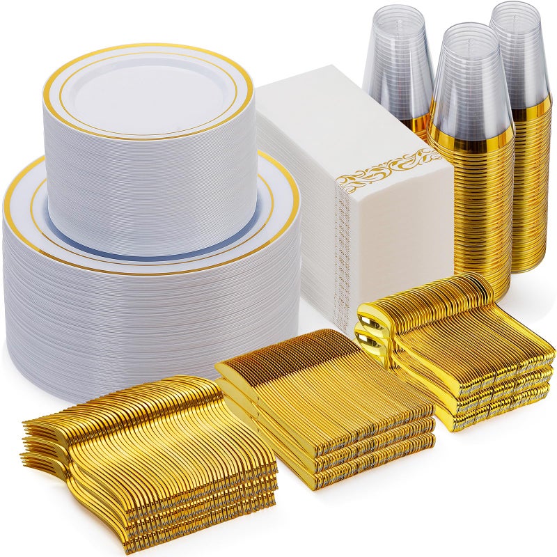 Goodluck 700 Piece Gold Dinnerware Set for 100 Guests Disposable for Party Include 100 Gold Rim Dinner Plates 100 Dessert Plates 100 Paper Napkins 100 Cups 100 Plastic Silverware Set