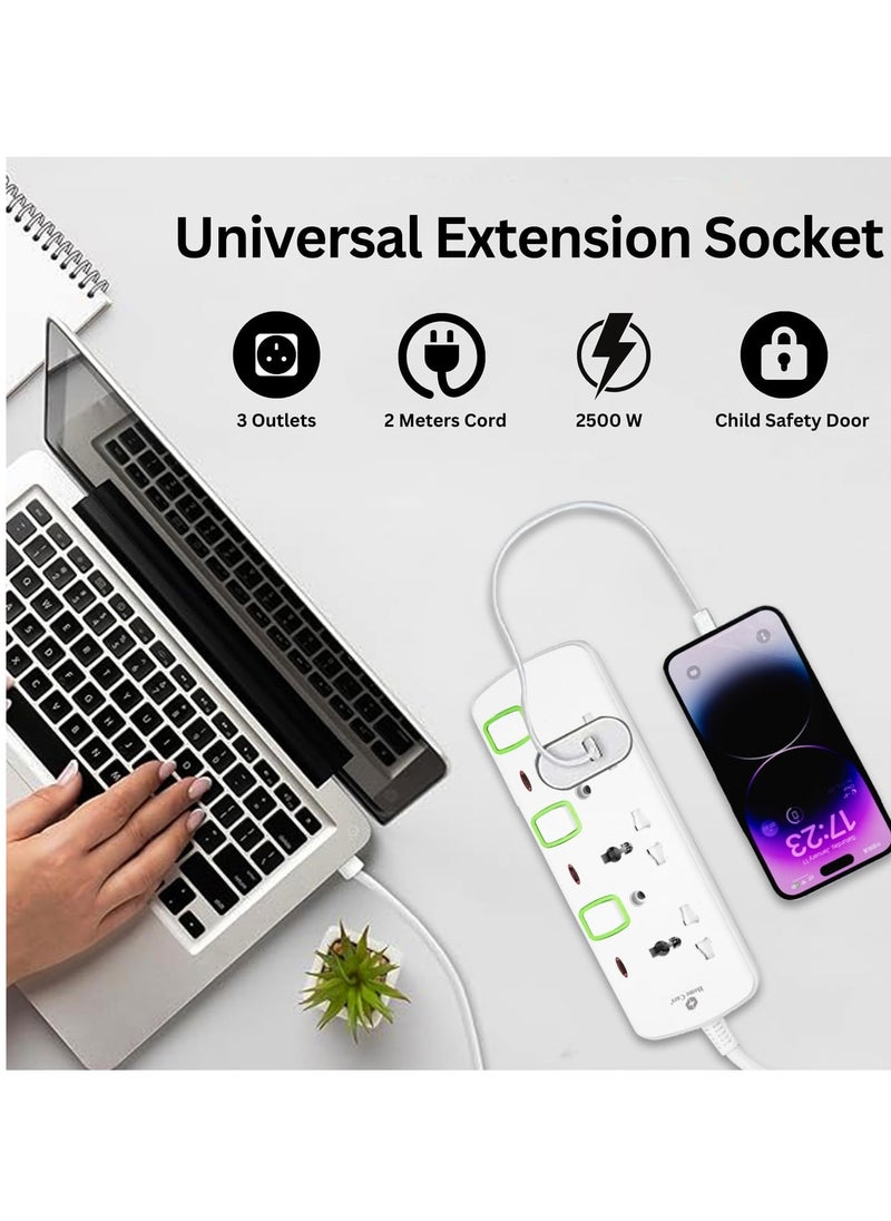 Home Care Home Care Extension Cord, 3-Outlet 2-Meter, Versatile Multi-Plug Power Extension Cable for Safe and Efficient Power Distribution – Ideal Extension Plug for Home, Office with individual safety buttons.  - Image 5