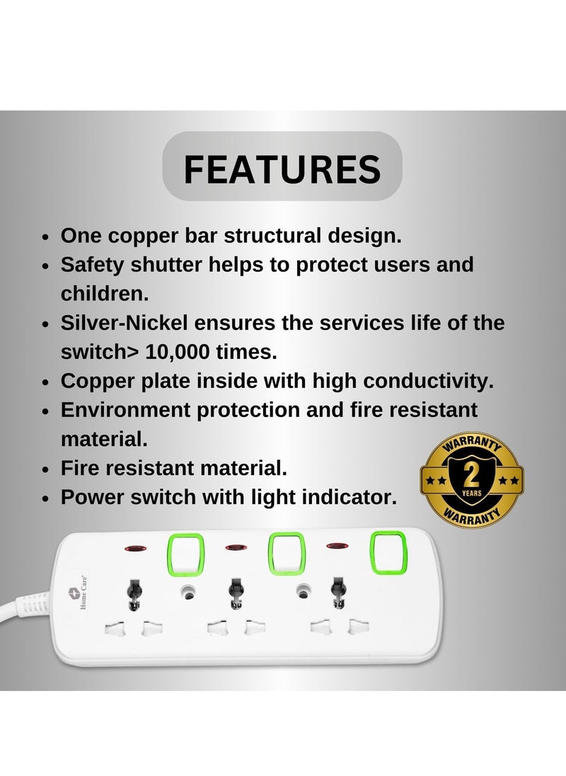 Home Care - Home Care Extension Cord, 3-Outlet 2-Meter, Versatile Multi-Plug Power Extension Cable for Safe and Efficient Power Distribution – Ideal Extension Plug for Home, Office with individual safety buttons. - Image 1