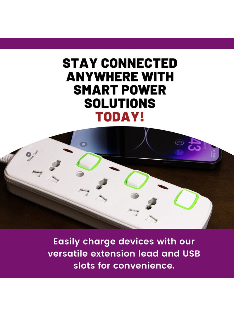 Home Care Home Care Extension Cord, 3-Outlet 2-Meter, Versatile Multi-Plug Power Extension Cable for Safe and Efficient Power Distribution – Ideal Extension Plug for Home, Office with individual safety buttons.  - Image 3