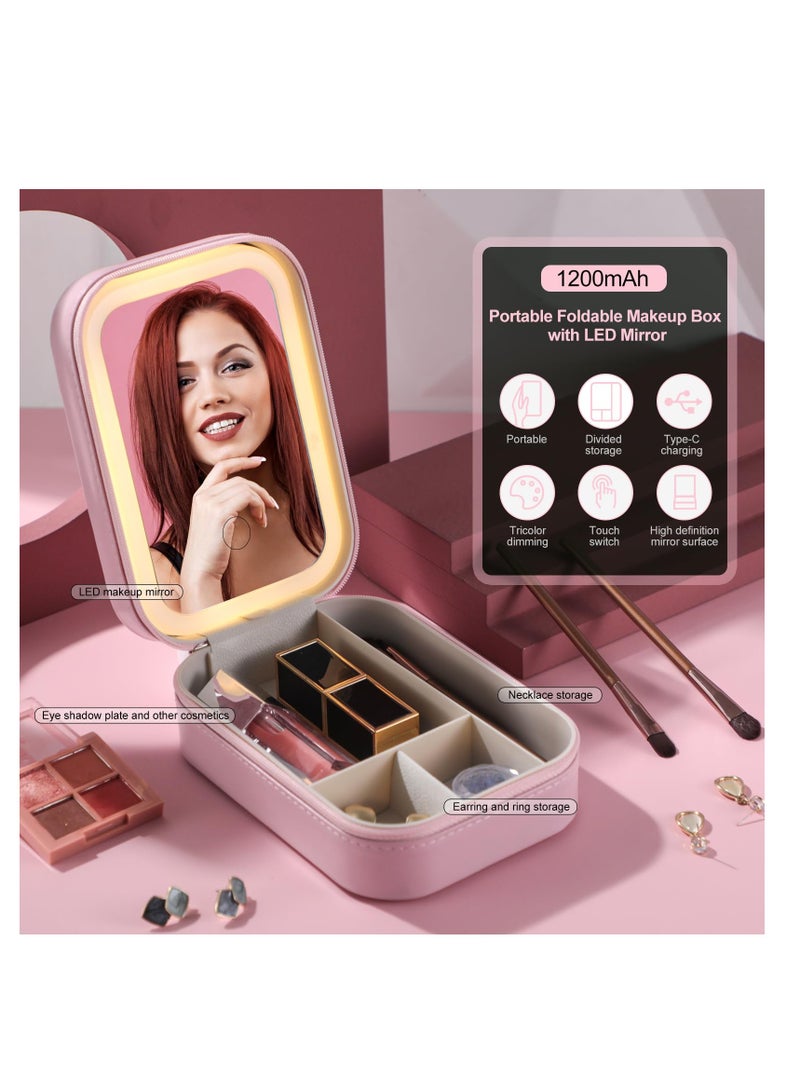 SOLARAE Travel Cosmetic Mirror Case, LED Makeup Mirror Storage Case for Makeup Brushes Cosmetic Tools Pink On-the-go Makeup Needs, Adjustable Dividers, Makeup Brush Holder Storage Pink - Image 2