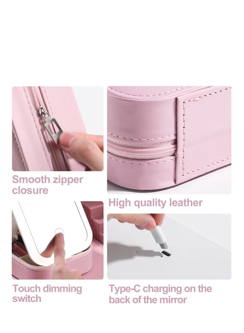 SOLARAE Travel Cosmetic Mirror Case, LED Makeup Mirror Storage Case for Makeup Brushes Cosmetic Tools Pink On-the-go Makeup Needs, Adjustable Dividers, Makeup Brush Holder Storage Pink - Image 5